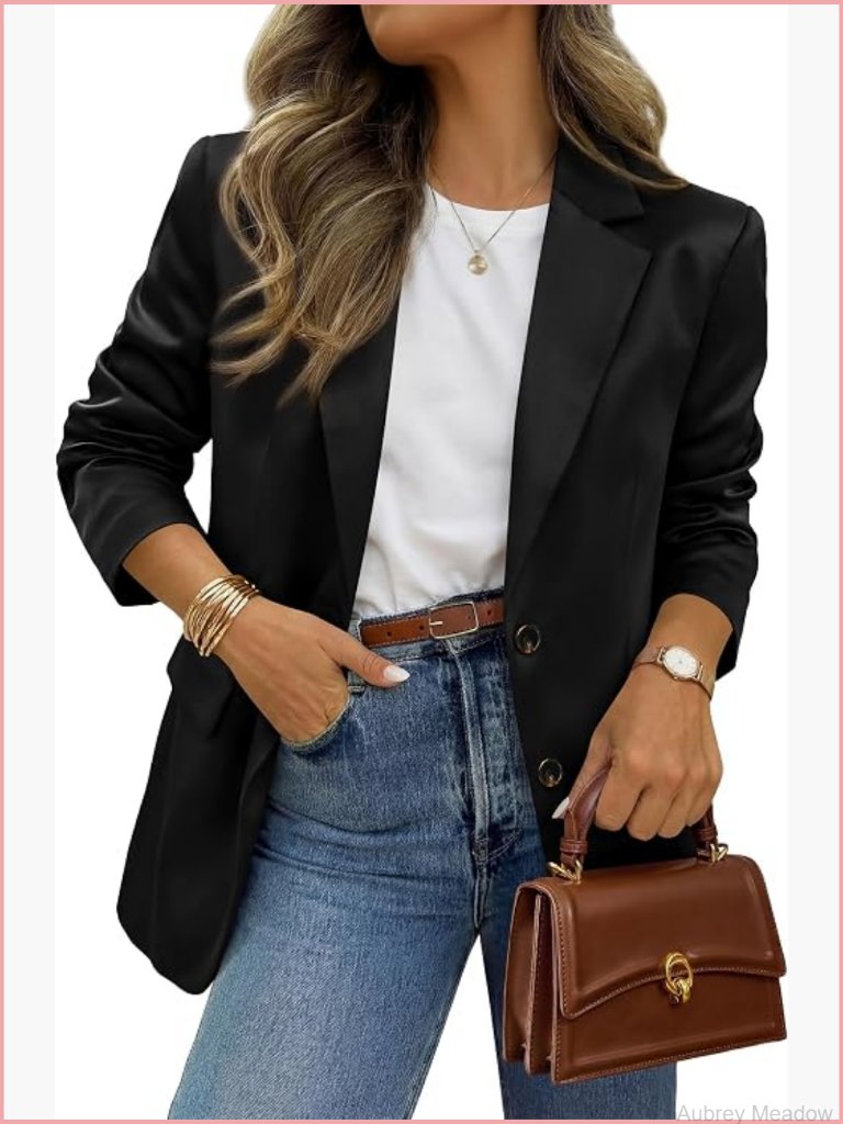 Women's Satin Long Sleeve Blazer With Pockets Work Office Suit Jacket